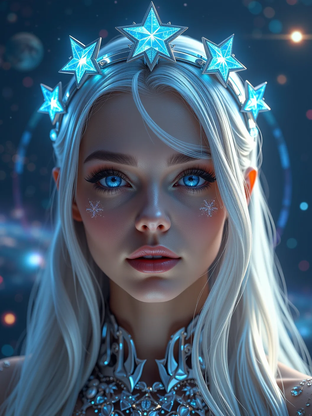 Futuristic star princess closeup, her face illuminated by neon-blue star crystals floating in a circular orbit around her. Her silver hair has metallic streaks, glowing softly under the bright light of the crystals. Her crown is made of sleek, holographic star shapes, the cosmic background filled with distant galaxies and futuristic tech elements, blending space and sci-fi elegance.