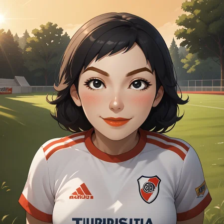 score_9, score_8, BREAK, solo, wii, mii, wii sports, 1girl, female mii, black eyes, black hair, brown eyebrows, lips, RiverPlate, striped shirt, striped, shirt, white shirt, short sleeves, clothes writing, sportswear, soccer uniform, white pants, shoes, nintendo mii, modern_mii, classic_mii, breasts, Misaki_(Wii_Sports), cute, blush, sexy pose, self portrait, smile, outdoors, sunlight, shadows, evening lighting, natural lighting, forest, trees, grass, orange sky, sunset