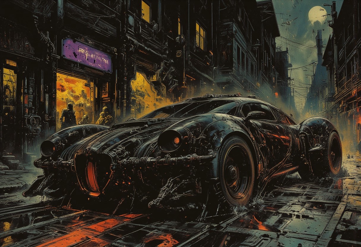 A futuristic black car with an ornate, gothic-inspired design, resting on a wet street, illuminated by neon reflections on the rain-soaked cobblestones. The custom-made vehicle boasts a streamlined body with large, bold, low-profile wheels that exude power and precision. Its intricate metallic details feature sculpted ornamentation, blending gothic elegance with high-tech futurism. Dramatic lighting cuts through the foggy night, casting long shadows and creating a striking color contrast of glowing neon blues and purples against the sleek black surface of the car. The scene combines gothic sci-fi with Renaissance aesthetics, framed as a masterpiece painting of futuristic high-tech beauty.,deep contrasting shadows, gloss,    
detailed,vibrant,colorful,color contrast,(dramatic lighting),Picture-perfect image, fog,light particles,expressive,cinematic,((no humans)),UHD,absurdes,visionary,scifi noir.crimson, yellow and purple,close-up,zoomed,centered