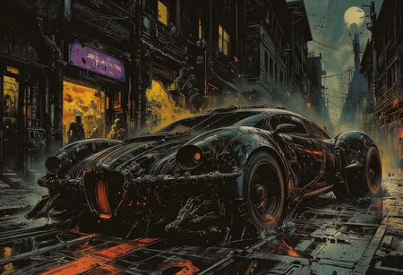 A futuristic black car with an ornate, gothic-inspired design, resting on a wet street, illuminated by neon reflections on the rain-soaked cobblestones. The custom-made vehicle boasts a streamlined body with large, bold, low-profile wheels that exude power and precision. Its intricate metallic details feature sculpted ornamentation, blending gothic elegance with high-tech futurism. Dramatic lighting cuts through the foggy night, casting long shadows and creating a striking color contrast of glowing neon blues and purples against the sleek black surface of the car. The scene combines gothic sci-fi with Renaissance aesthetics, framed as a masterpiece painting of futuristic high-tech beauty.,deep contrasting shadows, gloss,    
detailed,vibrant,colorful,color contrast,(dramatic lighting),Picture-perfect image, fog,light particles,expressive,cinematic,((no humans)),UHD,absurdes,visionary,scifi noir.crimson, yellow and purple,close-up,zoomed,centered