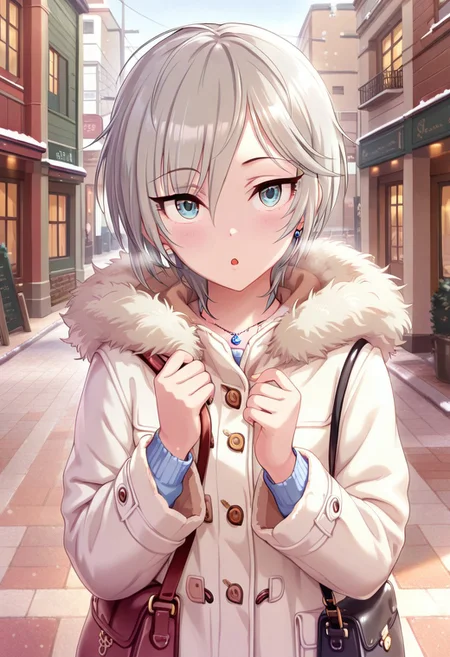 masterpiece,best quality,amazing quality, anastasia, short hair, grey hair, blue eyes, 1girl, solo, jewelry, necklace, coat, looking at viewer, fur trim, bag, :o, upper body