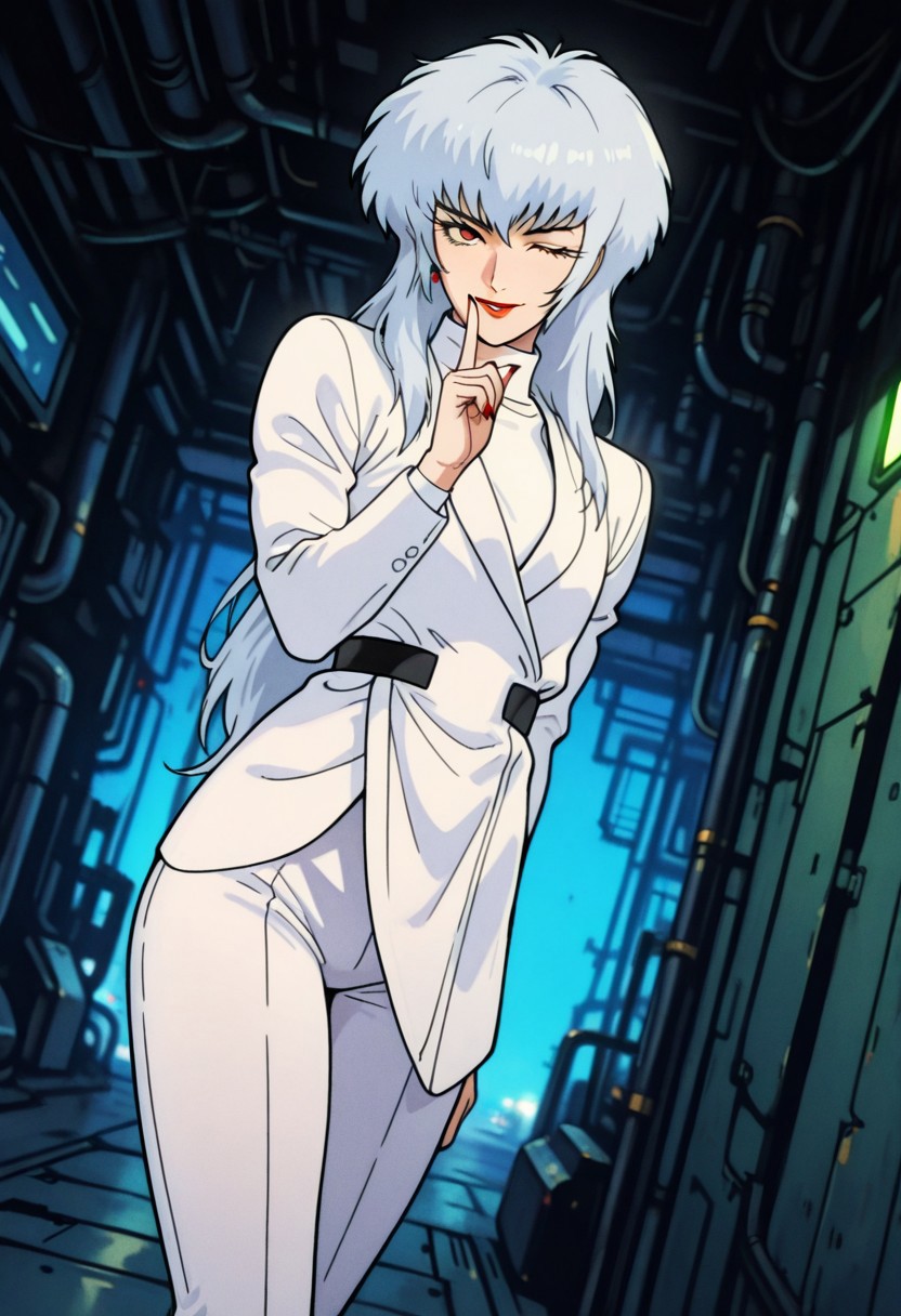 MerillYanagawaCCO, 1boy, solo, androgynous, albino, white hair, very long hair, thick hair, bangs, red eyes, eyelashes, nose, lips, red lipstick, makeup, white formal suit, white jacket, long sleeves, white turtleneck, black belt, white pants, white shoes, high heels, red nails, red stud earrings, ring,
,seductive pose, sexy pose, tease, 
masterpiece, best quality, ultra-detailed, very aesthetic, detailed background, very aesthetic, newest, scenery, highres, 4k, absurdres, 8k, colorful,vibrant, glowing, perfect face, 2d, perfect eyes, detailed eyes, 
 masterpiece, best quality, ultra-detailed, very aesthetic, newest, scenery, absurdres, perfect anatomy, , perfect face, perfect eyes, mature body, clear eyes, beautiful eyes, athletic, curvy body, athletic.  pinup pose, teasing, lustful expression,
, dutch angle,
naughty smile,
expressive cute face, male focus, looking at viewer, one eye closed, wink, shiny skin, index finger raised, dynamic action, 
,detailed eyes,Smooth Negative, highres, absurdres,  retro_artstyle, retro, cyberpunk