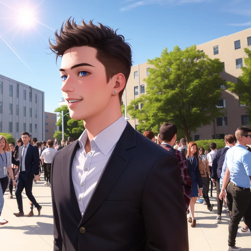 (22yo boy), (photorealistic), casual uniform, blue eyes, at university, lighting, sunlight, people around, intricate, happy, walking, (dynamic view), group of friend speaking around school