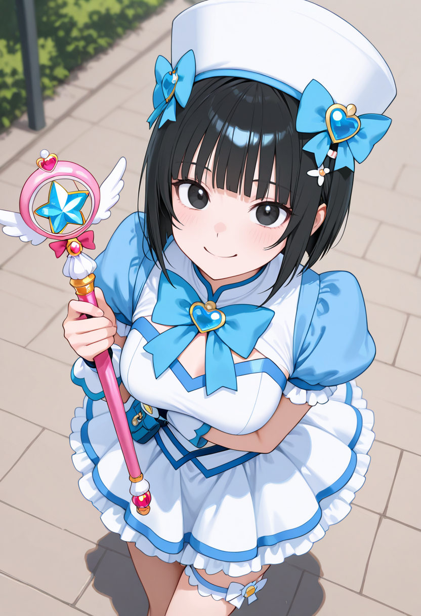 masterpiece,best quality,amazing quality, very aesthetic, ((outlined outlined vector graphics)), cute face, (glow eyes:0.5) ,  from  above,  looking at viewer ,beautiful scenery,
1girl,
20yo, black hair, black eyes, short bob hair, hair pin,mdeium  breast, slender,(white thigh strap:1.1),bangs
,
white  clothes, (focus female), smile, action pose, (clothed:1.1),
magical girl outfit, magical girl, frilles, happy,   wand , open eyes , (kawaii) , hat ,  <lora:magical-girl-outfit-il-20:0.8>