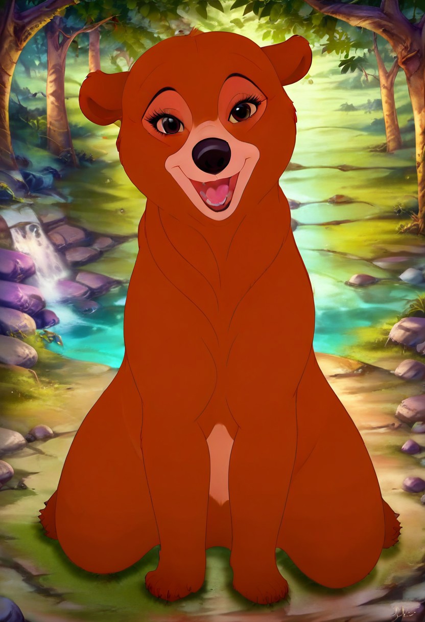 Bear, cartoon, female, Nita, Disney, 2d, detailed forest background, bipedal, full body, <lora:J_cartoon:0.7>, j_cartoon, <lora:MeekoXL:0.9>, Disney, score_9, score_8_up, score_8, solo, (feral), detailed fur, ((happy expression)), ((looking at viewer seductively:1.6)), breathtaking, environmental lighting, professional, highly detailed, ((detailed shaders)), beautiful, high quality, night-time, outdoors, dark forest, <lora:Furtastic_Detailer:1>