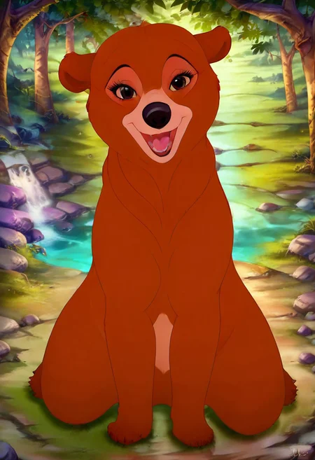 Bear, cartoon, female, Nita, Disney, 2d, detailed forest background, bipedal, full body, <lora:J_cartoon:0.7>, j_cartoon, <lora:MeekoXL:0.9>, Disney, score_9, score_8_up, score_8, solo, (feral), detailed fur, ((happy expression)), ((looking at viewer seductively:1.6)), breathtaking, environmental lighting, professional, highly detailed, ((detailed shaders)), beautiful, high quality, night-time, outdoors, dark forest, <lora:Furtastic_Detailer:1>