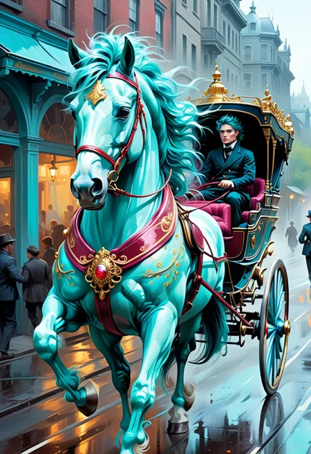 a painting of  one-horse carriage, plastic hot-cyan outfit, messy hair horse, background, a digital painting, by Justin Gerard, tumblr, dan mumford tom bagshaw, 64x64, on street, moving so fast, cute detailed digital art, painting of beautiful, very stylized, beautiful deep colours