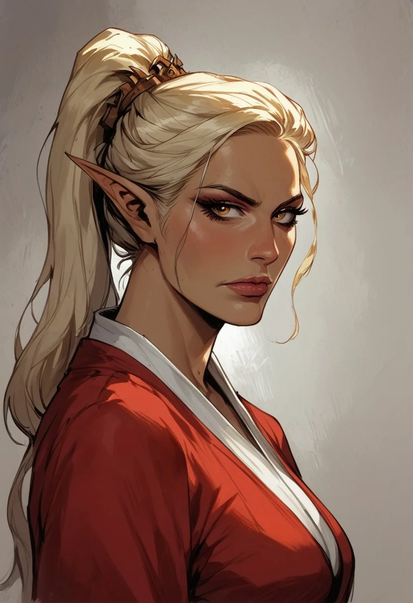 score_9, score_8_up, score_7_up, BREAK,
1girl, mature and imposing, 30 years old, portrait, beautiful, Elf wizard, asian, asian woman, golden colored skin, tanned skin, tanned, sunbathed, sunbathed skin, evil, villain, blonde hair, medium brests, golden eyes, mature, mature woman, long ponytail, single ponytail, side bangs, modest clothing, red fantasy toga, red kimono, closed mouth, arrogant <lora:Fant5yP0ny:0.6> <lora:fantasy_world_pony:0.9>
<lora:Cherry-Gig:0.55>