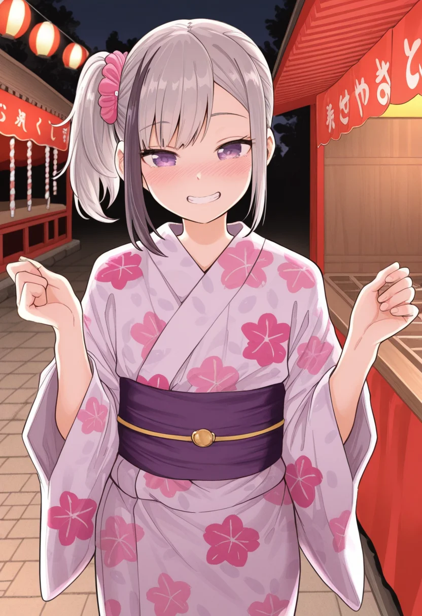masterpiece,best quality,amazing quality, solo, 1girl, adult, side ponytail, smile, purple eyes, multicolored hair, grin, grey hair, streaked hair, hair ornament, pink scrunchie, blush, bangs, standing, print kimono, gold trim, night, japanese clothes, japanese festival, shrine, cowboy shot, f0r0m0t0t4k3ru, <lora:Furumoto_Takeru_Style_IL:1>