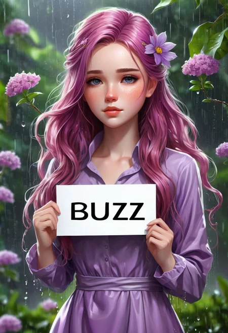 ((photorealistic)), ((1girl)),  score_9, score_8_up, score_7_up, score_6_up, score_5_up, 1girl, 25 years old, detail face, long dress, pretty dress, purple dress, long wavy hair, pink hair, pink wavy hair, wavy hair, wet hair, rain, perfect eyes, detailed skin, flower background, tree background, warrior princess, arrogant, aloof, (((holding a sign that says "BUZZ PLEASE", text: "BUZZ PLEASE")))