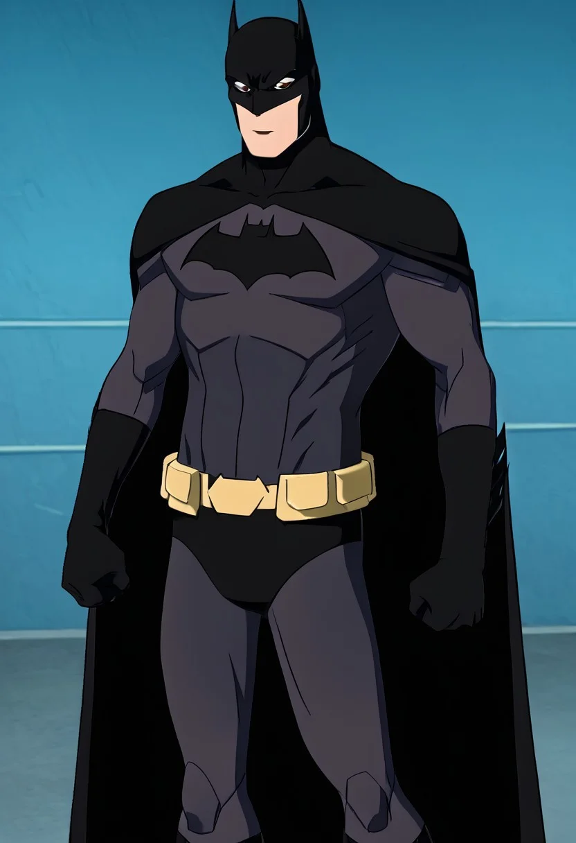 harmard, black hair, short hair, brown eyes, 1boy, solo, solo focus, wear batman outfit, BMYJ, cape