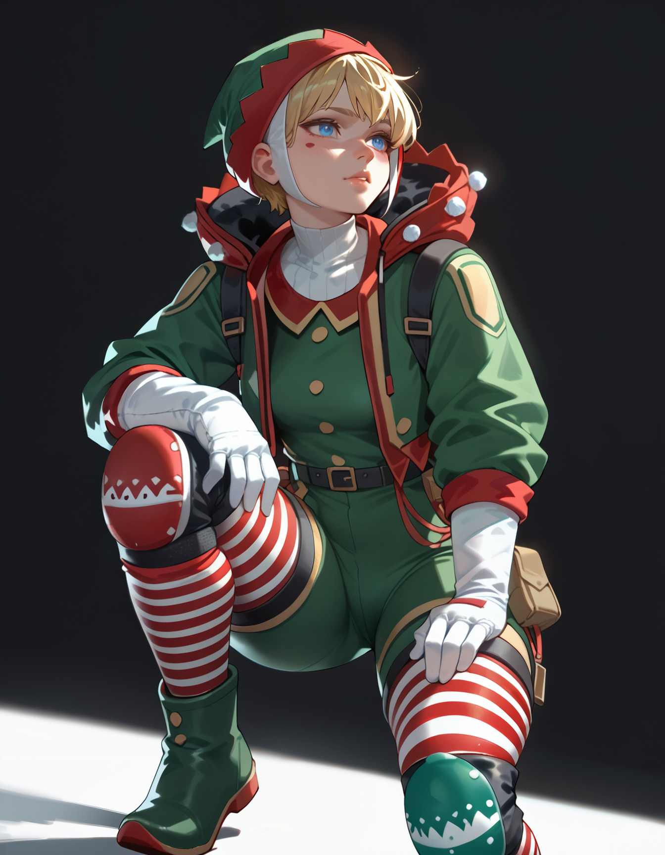 (embedding:Pony_PDXL_Negative_Embeddings\zPDXL2),dark background,pdrshk,1girl,solo,white gloves,boots,striped legwear,striped thighhighs,footwear,green footwear,jacket,short hair,green jacket,two-tone knee pads,bodysuit,green bodysuit,hood,red hood,red knee pad,green knee pad,pouch,blonde hair,belt,headwear,hat,green hat,red hat,blue eyes                                 <lora:MyTrainings\Temp\Wattson_Shocking_Stuffer_XL_Pony_ARZUMATA.safetensors:0.7>