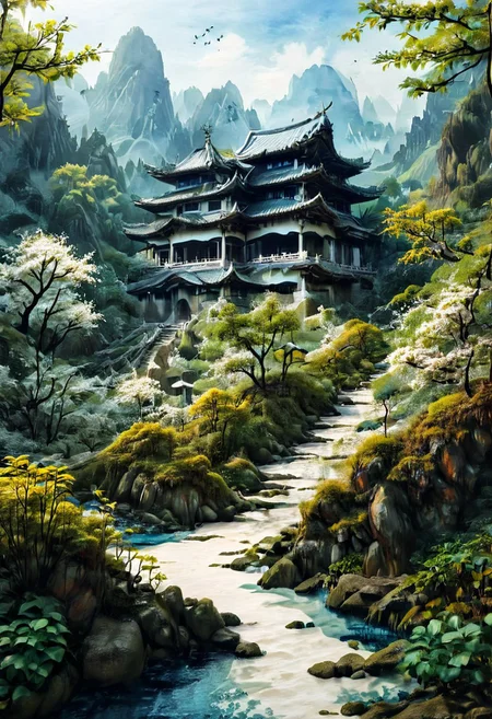 An asian House and Sakura garden made of blue and white porcelain, asian landscape in the background, SimpleNegativeV3,zavy-chnsdrgn, masterpiece, award winning, very detailed, porcellana style