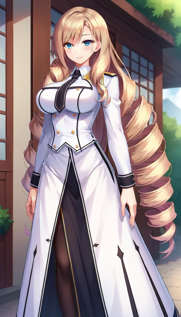 score_9,score_8_up,masterpiece,best quality,correct anatomy,anime_source,1girl,solo,perfect eyes,perfect arms,perfect legs,perfect face,outdoors,upper body,(portrait:1.5),looking at viewer,facing viewer,smile,blush,Stella Marisudia,very long hair,light brown hair,drill hair,hair over shoulder,sidelocks,hair between eyes,bangs,tsurime,blue eyes,uniform,black necktie,white jacket,white shirt,long sleeves,large breasts,long skirt,white skirt,side slit,black pantyhose,high heels,black footwear,<lora:Stella Marisudia(uq)-Pony:1.2>,