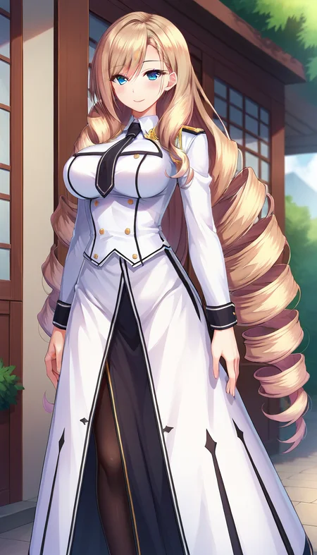 score_9,score_8_up,masterpiece,best quality,correct anatomy,anime_source,1girl,solo,perfect eyes,perfect arms,perfect legs,perfect face,outdoors,upper body,(portrait:1.5),looking at viewer,facing viewer,smile,blush,Stella Marisudia,very long hair,light brown hair,drill hair,hair over shoulder,sidelocks,hair between eyes,bangs,tsurime,blue eyes,uniform,black necktie,white jacket,white shirt,long sleeves,large breasts,long skirt,white skirt,side slit,black pantyhose,high heels,black footwear,<lora:Stella Marisudia(uq)-Pony:1.2>,