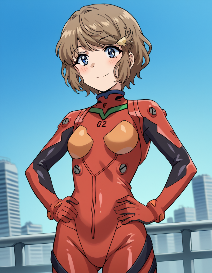score_9, score_8_up, score_7_up, source_anime, <lora:tomoe-koga-s1-ponyxl-lora-nochekaiser:1>, tomoe koga, short hair, brown hair, blue eyes, hair clip,, <lora:souryuu-asuka-langley-cosplay-ponyxl-lora-nochekaiser:1>, souryuuasukalangleycosplay, souryuu asuka langley (cosplay), bodysuit, pilot suit, plugsuit, red bodysuit, interface headset,, cityscape, smile, blush, hands on hips,, , cowboy shot, dutch angle