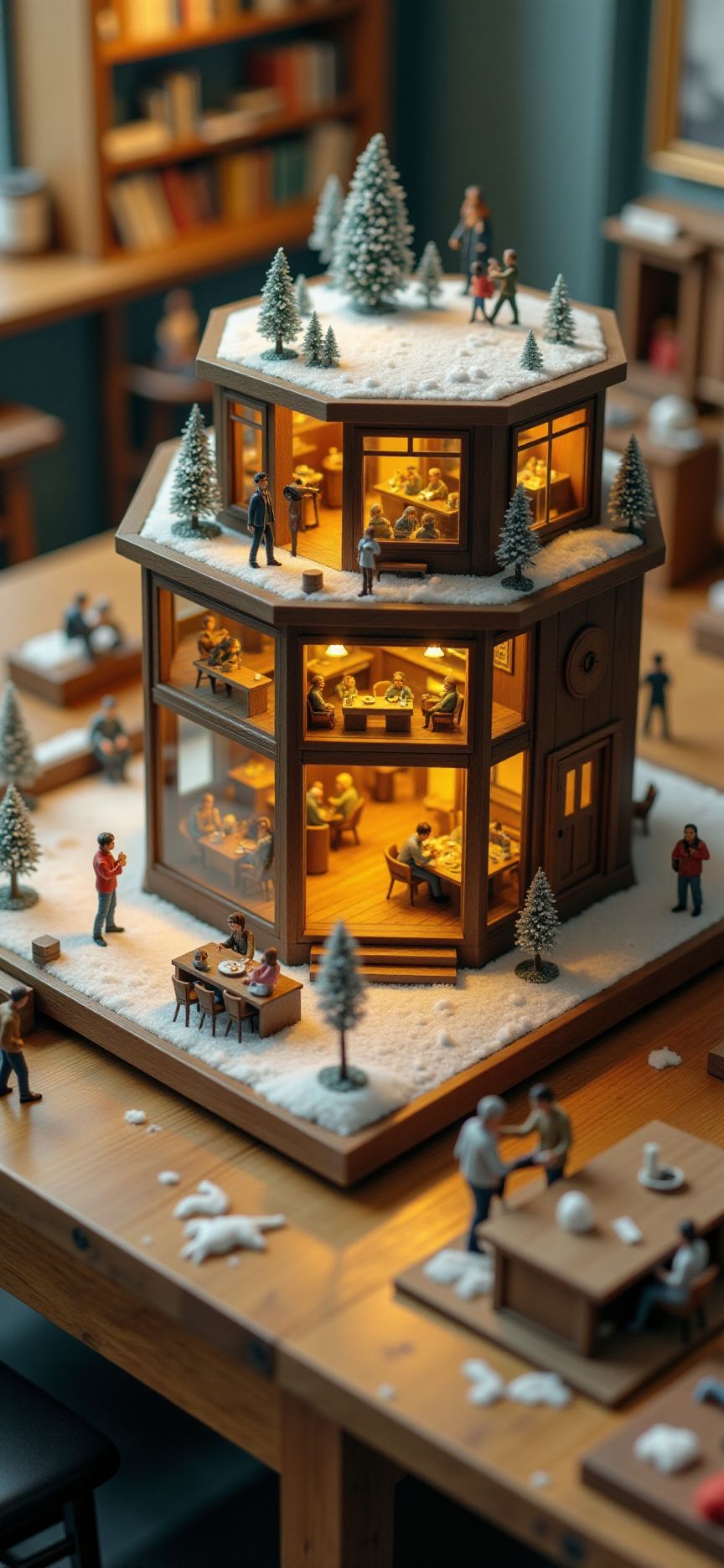 (indoors,indoor,isometric view,side view,tilt-shift lens:2), (fna_style,miniature,miniature,diorama,miniature,diorama,PVC,plastic:2),sunset,winter giant (multi layers of museum with cafe hexagonal vertical:2.5) is located center, people, (in wooden square plate:3) (on table at study:3) <lora:Fantasy_Novel_Art_Style:1> <lora:Rostpunk:0.3>