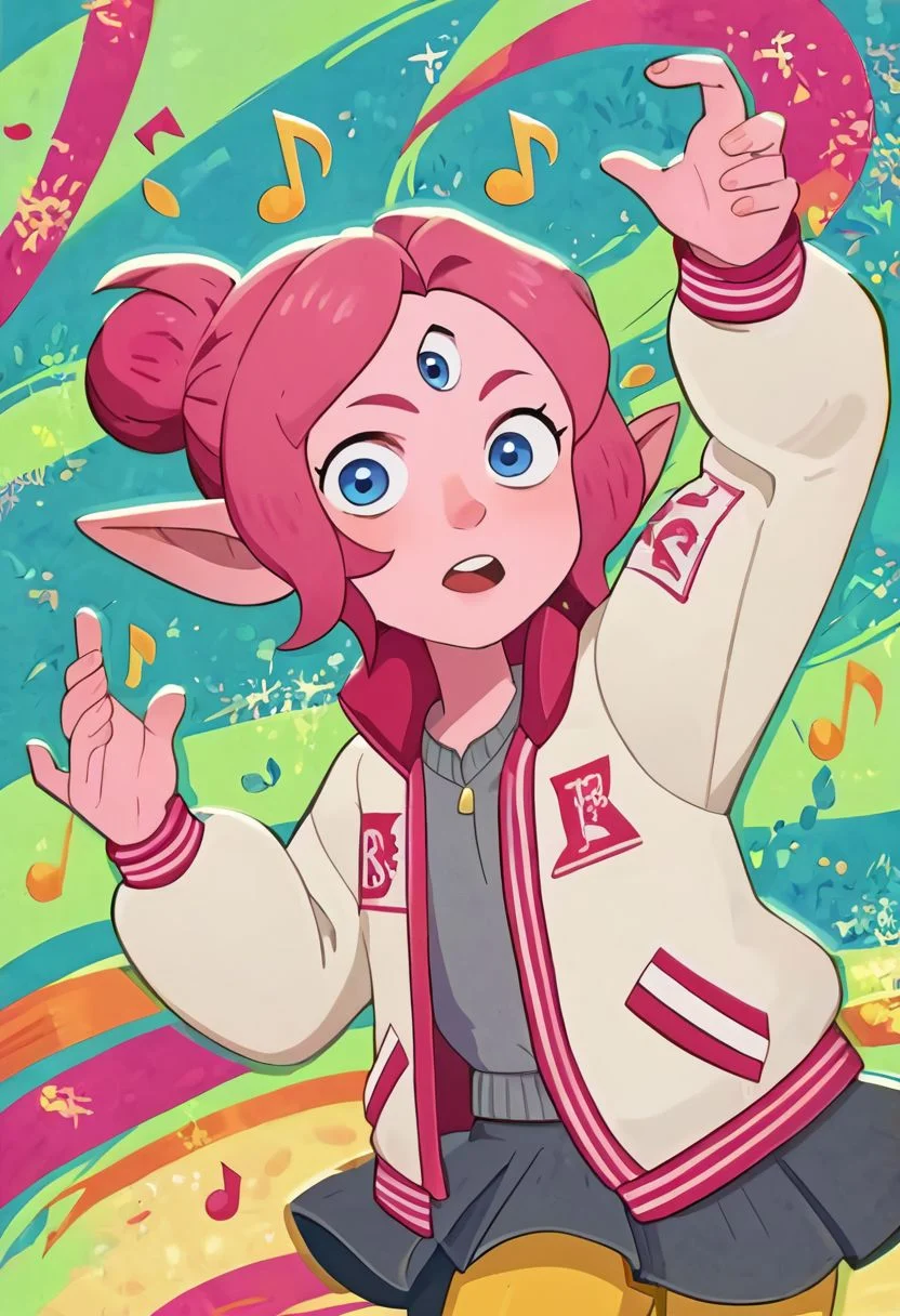 score_9, score_8_up, score_7_up, source_anime, Boscha, pink skin, pink hair, hair bun, pointy ears, three eyes, third eye, blue eyes, grey skirt, yellow leggings, pink jacket, varsity jacket,  AFKJourneyXLP, musical note, epic pose, bright pupils, particles around, splash art, looking at viewer, cowboy shot, dynamic pose, wide shot, solo, dutch angle, detailed background, teenager, older,