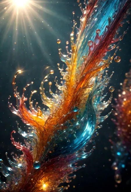 An abstract shape, amazingly fluid, made of glass, detailed, 3d fractals, light particles, water drops, shimmering light, surreal, ink, smooth, shimmering, glow, cinematice contrast, Glow, 16k, crystal clear, colorful, backlight,