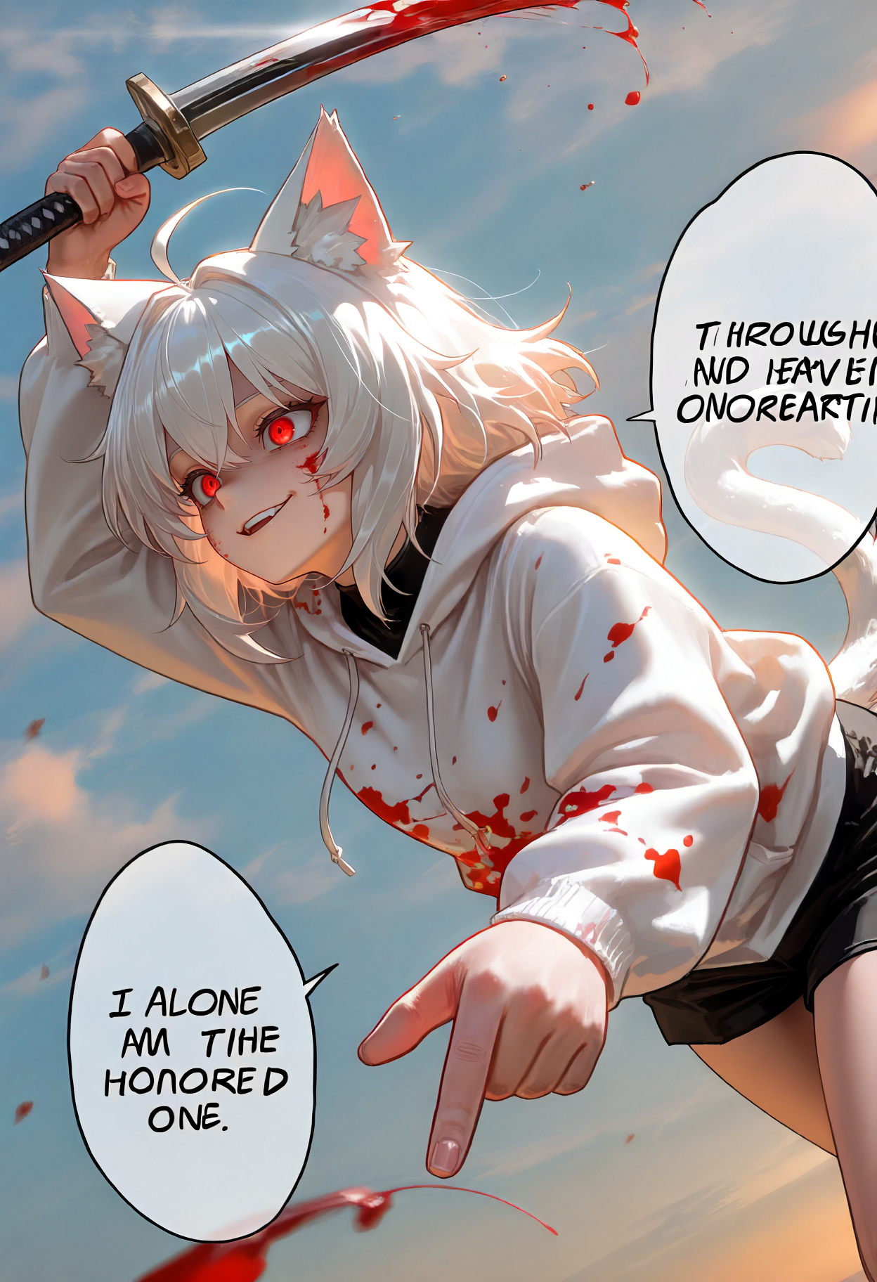 honored, 1girl, cat ears, white hair, cat tail, white hoodie, blood on clothes, black shorts, red eyes, crazy eyes, smirk, blood on face, holding weapon, speech bubble, (throughout heaven and earth:1.2), I alone am the honored one,
<lora:cfg_scale_boost:0.4>,<lora:nai_noob_new_1536:0.4>, <lora:nyaliaXLNBVP1lokrV6311P:0.4>, <lora:illustriousXL_stabilizer_v1.23:0.4>, <lora:honored:1.0>, (masterpiece, best quality, newest, highres:1.3), good quality, very aesthetic, absurdres, newest, very awa,
