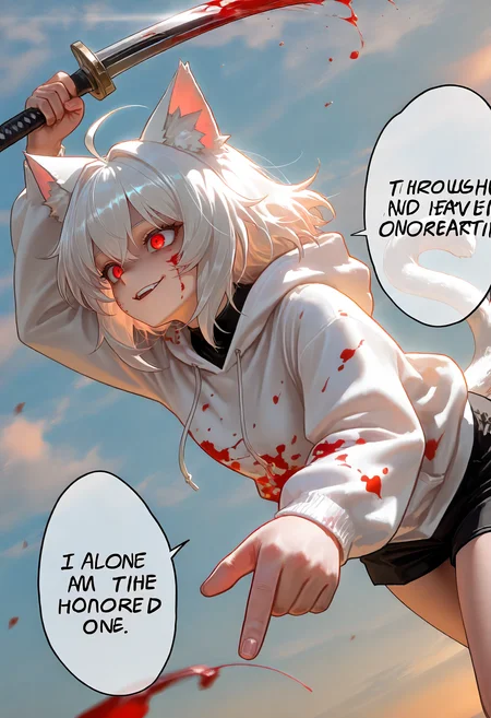 honored, 1girl, cat ears, white hair, cat tail, white hoodie, blood on clothes, black shorts, red eyes, crazy eyes, smirk, blood on face, holding weapon, speech bubble, (throughout heaven and earth:1.2), I alone am the honored one,
<lora:cfg_scale_boost:0.4>,<lora:nai_noob_new_1536:0.4>, <lora:nyaliaXLNBVP1lokrV6311P:0.4>, <lora:illustriousXL_stabilizer_v1.23:0.4>, <lora:honored:1.0>, (masterpiece, best quality, newest, highres:1.3), good quality, very aesthetic, absurdres, newest, very awa,