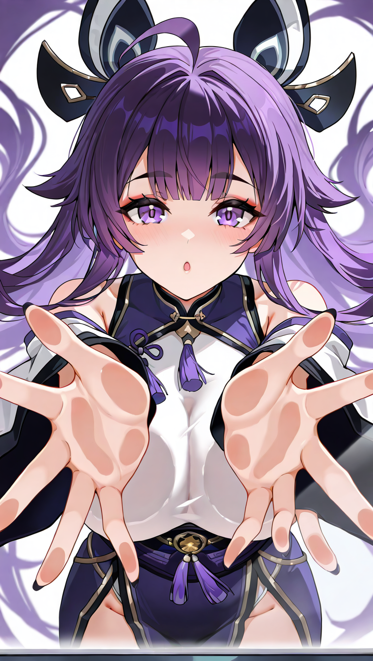 1girl, \\||/, against glass, ahoge, bangs, beckoning, black nails, blush, breasts, eyebrows visible through hair, fingernails, fingers, floating hair, foreshortening, hands, long hair, looking at viewer, nail polish, ok sign, open hand, open hands, outstretched arm, outstretched arms, outstretched hand, palms, purple eyes, purple hair, purple nails, reaching, reaching out, solo, spread fingers, white background <lora:DuskShade:1>