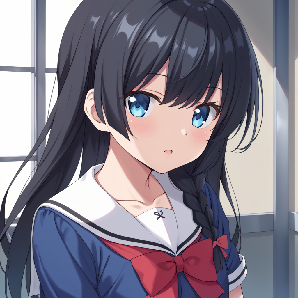 <lora:taiga_sengoku_pony:0.8> taiga_sengoku, 1girl, solo, long_hair, black_hair, braid, single_braid, side_braid, blue_eyes, school_uniform, sailor_collar, white_sailor_collar, , serafuku, bow, shirt, collarbone, red_bow, blue_shirt
