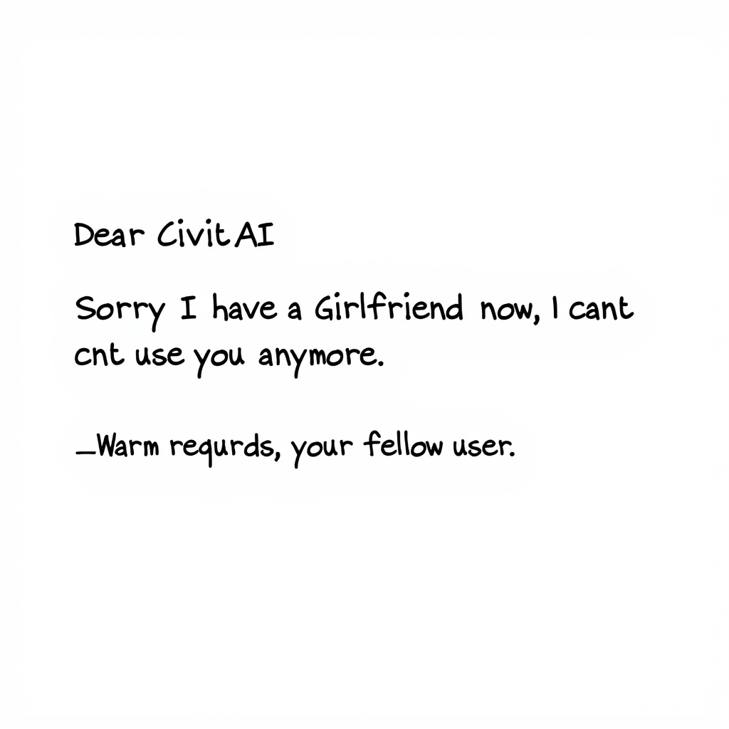 A Email saying, clear text saying " Dear CivitAI, Sorry I have a Girlfriend now, I cant use you anymore, The footer saying "Warm regards, your fellow user", bold text, short letter
