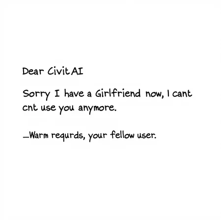 A Email saying, clear text saying " Dear CivitAI, Sorry I have a Girlfriend now, I cant use you anymore, The footer saying "Warm regards, your fellow user", bold text, short letter