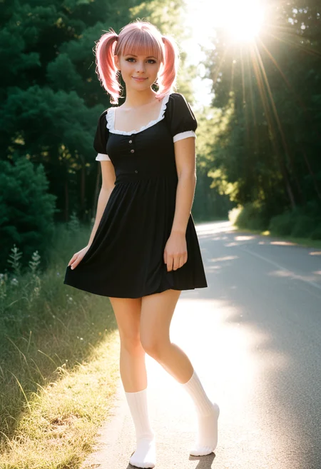 1girl, civchan, pink short twin tails hairstyle, purple eyes, smirk, black slip dress over white t-shirt, white socks, black mary janes, golden hour glow on her skin, flirty grin, soft sunlight tracing her curves, vintage summer tones, Canon 85mm depth of field, lens flare through trees, film grain, shot on 35MM Film,