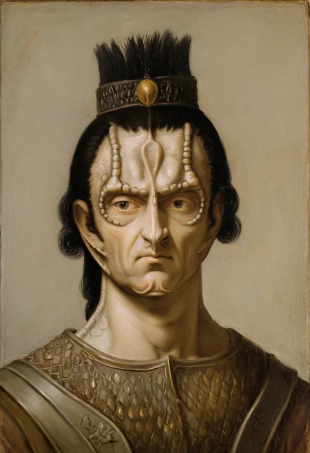 masterpiece oil painting by Rembrandt and Leonardo da Vinci, upper body renaissance portrait oil painting of (a male c4rd45514n alien, forehead crest, grey skin, ridges, scales), militaristic general, black hair slicked back
