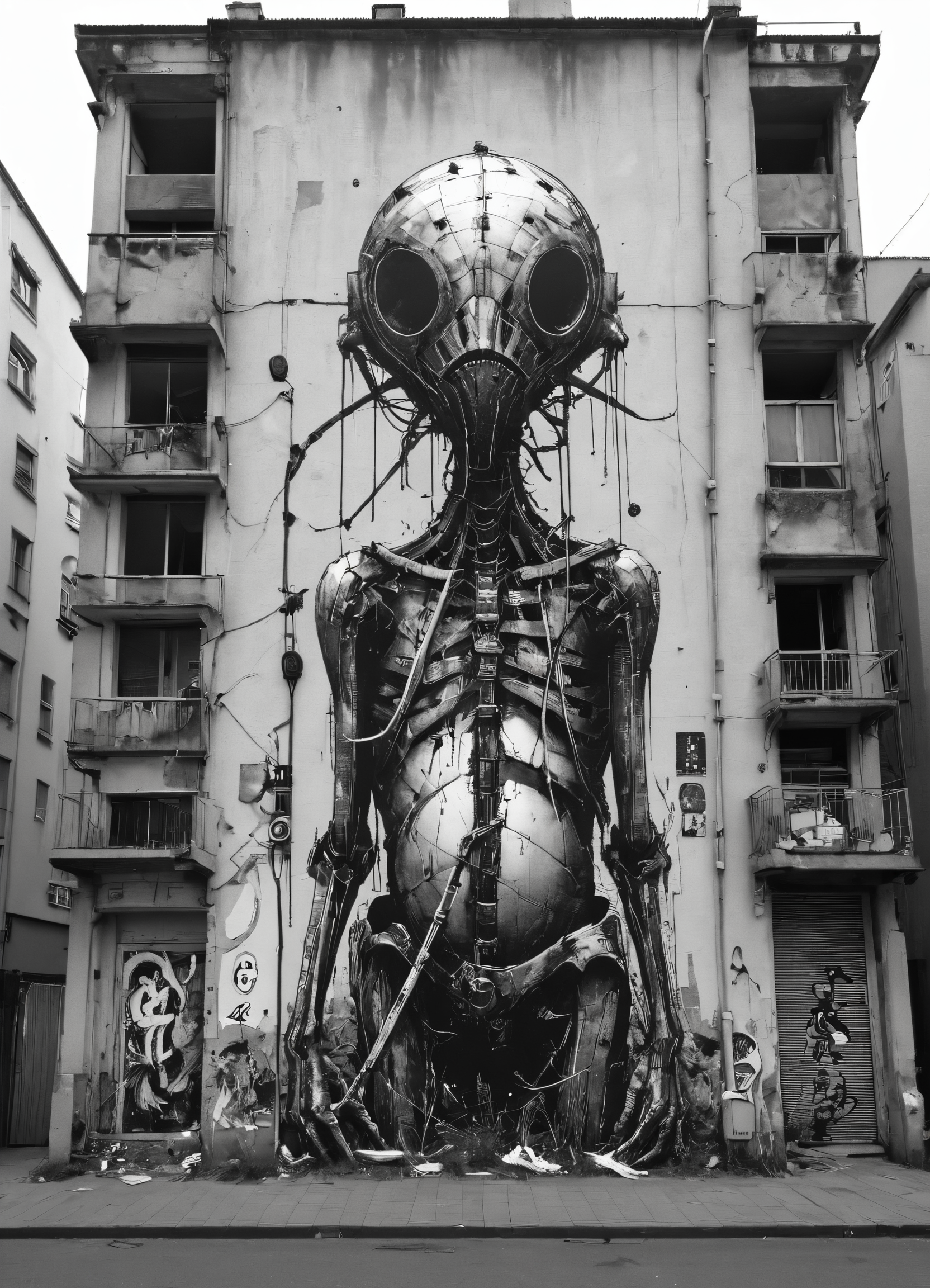 Phlegm, Wheatpaste, Artur Bordalo, b&w, front view, <lora:add-detail-xl:1>, <lora:Sinozick:1>