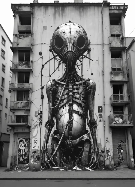 Phlegm, Wheatpaste, Artur Bordalo, b&w, front view, <lora:add-detail-xl:1>, <lora:Sinozick:1>