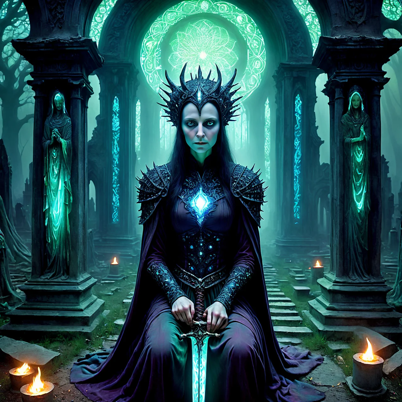a magnificent mature Renaissance female courtier kneeling in a ruined cemetery, demonic statues, glowing swords, very detailed, intricate, dw01-3400, earthy colour palette