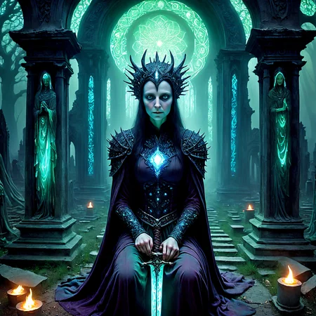 a magnificent mature Renaissance female courtier kneeling in a ruined cemetery, demonic statues, glowing swords, very detailed, intricate, dw01-3400, earthy colour palette