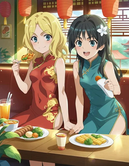 score_7_up, source_anime,
2girls, frenda seivelun, blonde, saten ruiko, blue eyes,
china dress, chinese restaurant, interior, sitting, food, food, food, cowboy shot, small breasts,
sunlight, light particles
<lora:style_railgun-pony-v1.7:1>