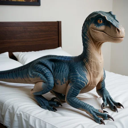 score_9, score_8_up, score_7_up, score_6_up, score_5_up, score_4_up, masterpiece, high quality, realistic, detailed, best quality, white bed, solo, rating_safe, source_furry, bedroom, smiling, seductive, looking at viewer, lying on belly, close up, detailed eyes, detailed face, dinosaur, raptor, scales, tail, claws, talons, Blue_jw, blue scales, yellow sclera, slit pupils, female, 1girl, feral