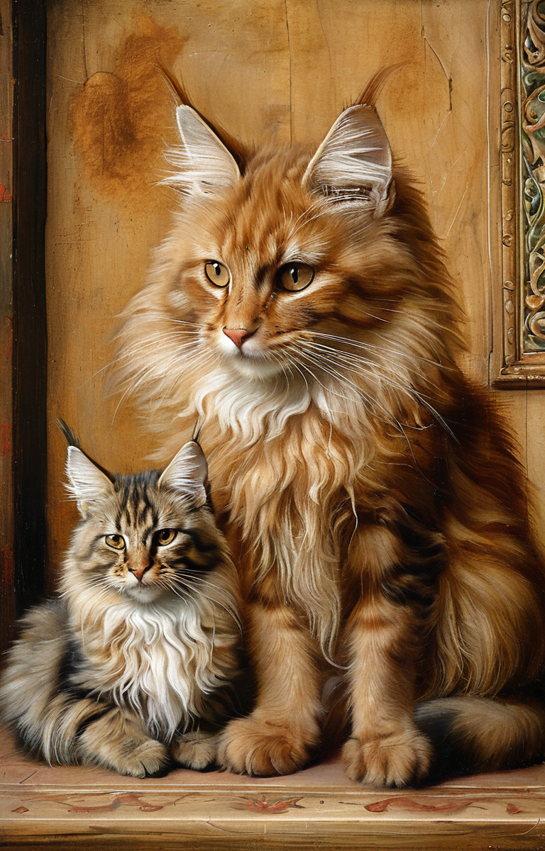 masterpiece,best quality,<lora:tbh183-sdxl:0.8>,illustration,style of Albrecht Durer, cute Mainecoon cat and Abyssinian cat