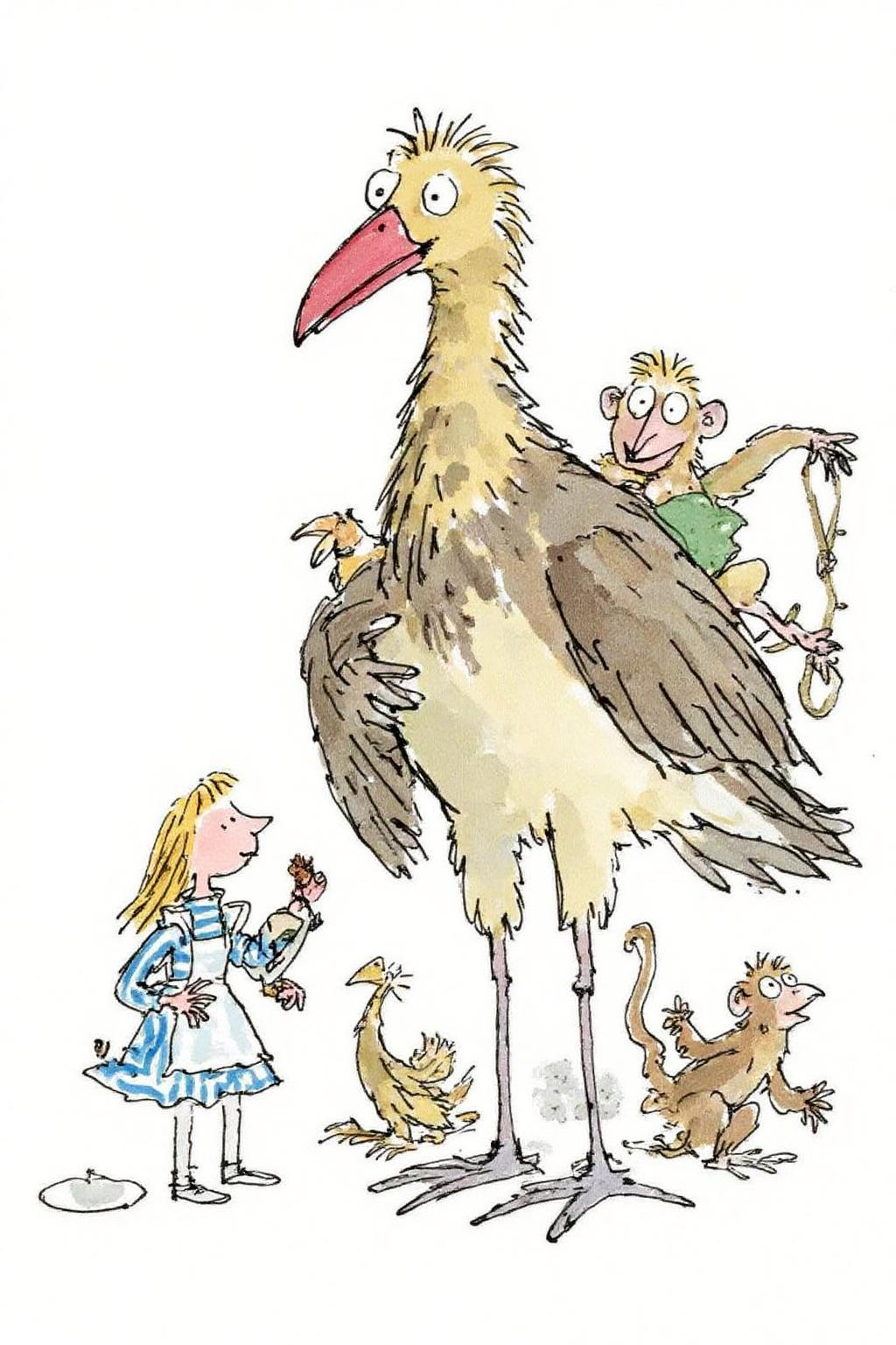qub1 illustration. 
joten1 illustration.
A fantastical encounter between a young girl, Alice, and a giant, prehistoric-looking bird. Alice, wears a blue and white striped dress, a white apron, and white stockings. She is talking with a anthropomorphic Dodo bird. There are other birds and and a monkey behind them.  <lora:qub1_cap_d6a3e12:1.0><lora:826985924379488515:0>