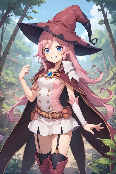 score_9, score_8_up, score_7_up, score_6_up, source_anime, BREAK, <lora:Pamela:0.7> pamdef, 1girl, pink hair, long hair, blue eyes, witch hat, white skirt, witch outfit, cape, black zettai ryouiki, thighhighs, garter straps, boots, cowboy shot, looking at viewer, smile, happy, scenery, exterior, outdoors, forest, jungle, <lora:backgroundsetXL:0.3> , background,