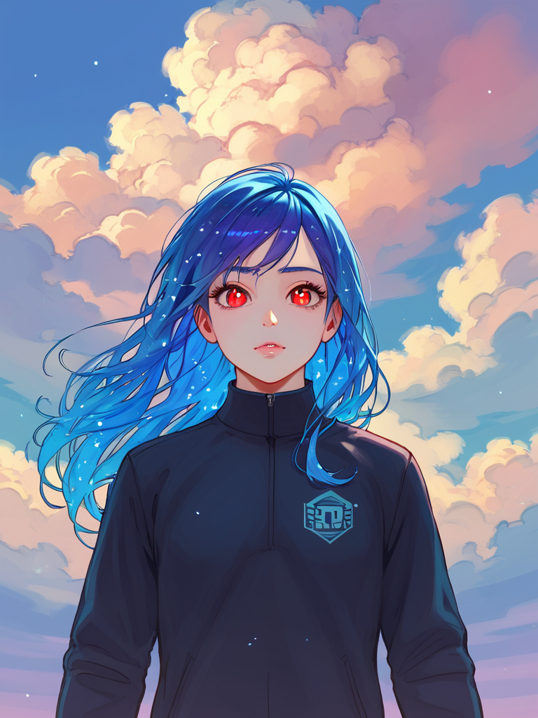 PDXL,  <lora:WaccaV1:1>, w4cc4, volumetric reflections, volumetric shadows, HDR, shot on Canon DSLR,
1girl, cute face, detailed eyes, long blue hair, red eyes, upper body BREAK galaxy in the background, clouds