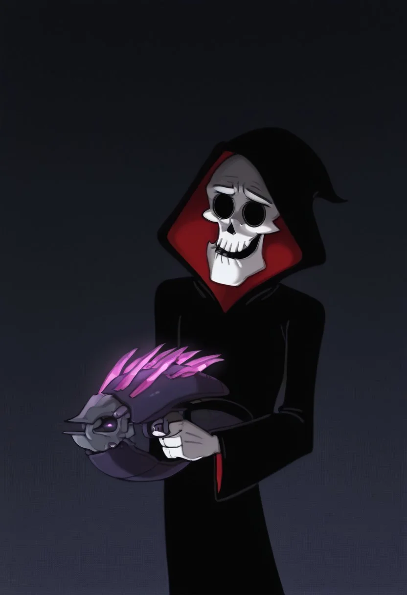 Masterpiece, best quality, highest quality, very aesthetic, absurdres, newest, (solo:1.3), 1boy, Gr1m, RPR, grim reaper, skull, black hollow eyes, needler_\(weapon\), crystals, aiming, scared expression, closeup,