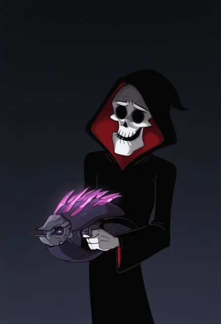 Masterpiece, best quality, highest quality, very aesthetic, absurdres, newest, (solo:1.3), 1boy, Gr1m, RPR, grim reaper, skull, black hollow eyes, needler_\(weapon\), crystals, aiming, scared expression, closeup,
