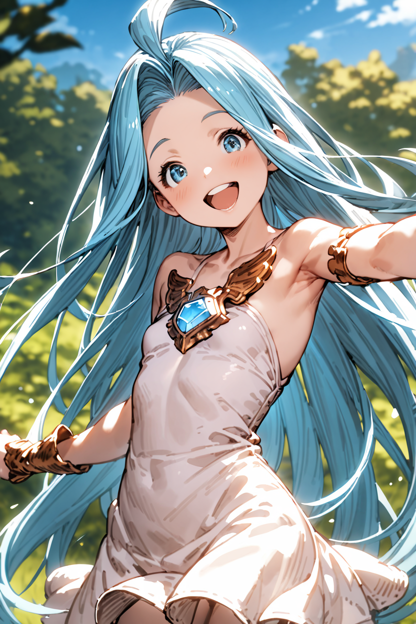 masterpiece, best quality, absurdres,
1girl, solo, happy, smile, outdoors, 
lyria \(granblue fantasy\), sleeveless dress, small breasts, strapless, 
<lora:lyria-XL:0.7>, clear eyes,  <lora:ishikeiXL:0.1>