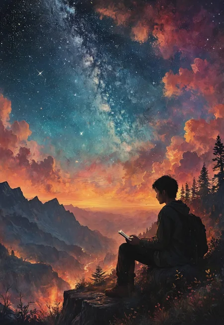 on a cliff admiring the stars, reading a book, Volumetric lighting, <lora:Dreamyvibes artstyle SDXL - Trigger with dreamyvibes artstyle:0.7> Dreamyvibes Artstyle