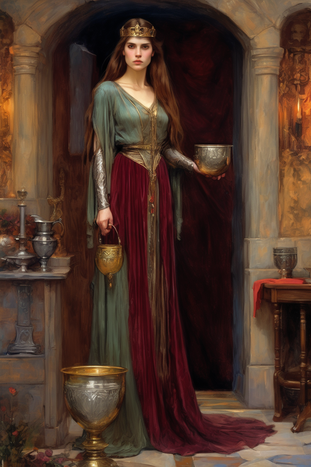 John William Waterhouse Style - character portrait, queen Guinevere hiding the holy grail behind her back, gorgeous woman with beautiful long brunette hair braided royally, simple elegant slippers on her feet, velvet clothes with hints of other rich colors, Lancelot and Galahad searching for holy grail in cabinet, bright and soft with beautiful artistic conception, ultra-high definition, clear and delicate, 32k