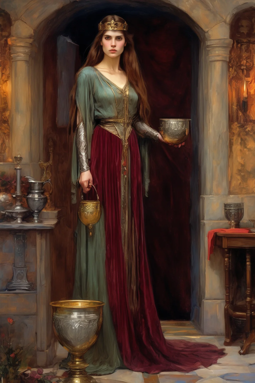 John William Waterhouse Style - character portrait, queen Guinevere hiding the holy grail behind her back, gorgeous woman with beautiful long brunette hair braided royally, simple elegant slippers on her feet, velvet clothes with hints of other rich colors, Lancelot and Galahad searching for holy grail in cabinet, bright and soft with beautiful artistic conception, ultra-high definition, clear and delicate, 32k