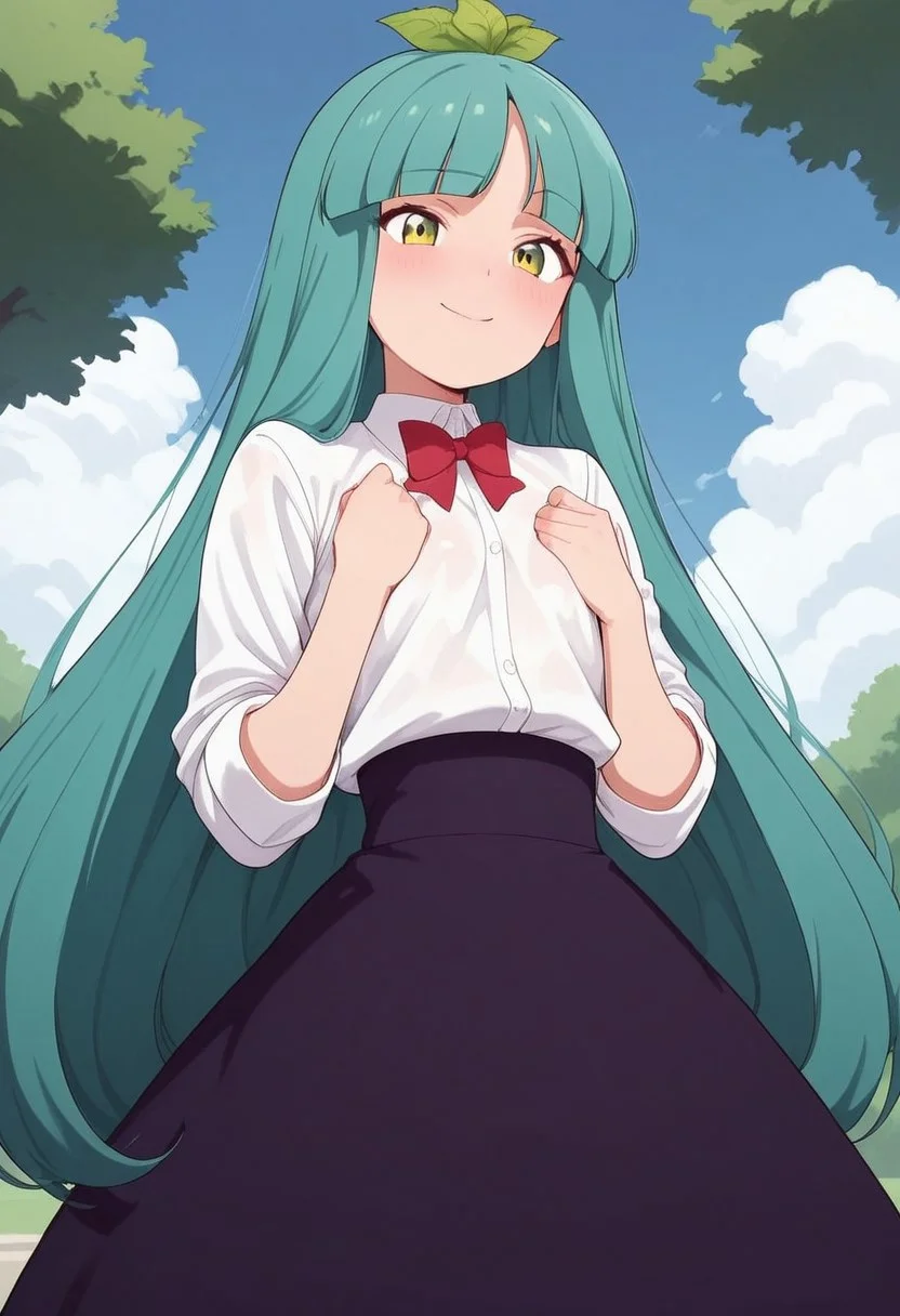 score_9, score_8_up, score_7_up, source_anime,
BREAK,
HDA_MasterpieceXL_v.1,perfect hands
BREAK
1girl: <lora:sandra ST300N-v:1>, sandra,tiny woman,petite,green eyes, blue-green hair, long hair, knee-length hair, three leaves on her head, flat breasts, white shirt, red bow, long skirt, black skirt,,short stature,
BREAK
standing,outside, park, flowers, blue sky, clouds