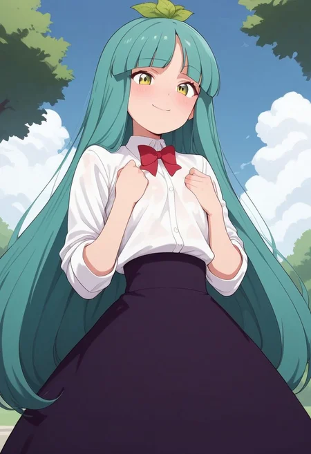 score_9, score_8_up, score_7_up, source_anime, 
BREAK,
HDA_MasterpieceXL_v.1,perfect hands
BREAK
1girl:   <lora:sandra ST300N-v:1>, sandra,tiny woman,petite,green eyes, blue-green hair, long hair, knee-length hair, three leaves on her head, flat breasts, white shirt, red bow, long skirt, black skirt,,short stature,
BREAK
standing,outside, park, flowers, blue sky, clouds