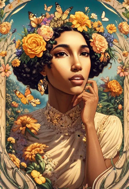A beautiful woman face with flowers and butterflies, smiling, golden hour. The Harlem Renaissance style. Masterpiece, HD, 3D